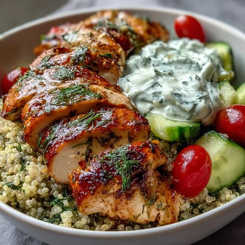 A vibrant Greek Chicken Power Bowl with grilled lemon-herb chicken breast over fluffy quinoa, topped with fresh cucumbers, cherry tomatoes, and a dollop of creamy tzatziki sauce.