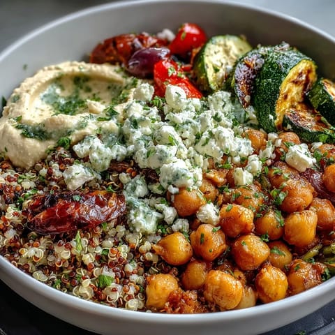 A vibrant Mediterranean Buddha Bowl with fluffy quinoa, roasted vegetables, and chickpeas topped with creamy hummus and crumbled feta.