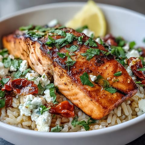 Pan-seared salmon rests atop crispy rice in a vibrant Mediterranean Salmon Bowl, garnished with baby bell peppers and feta.