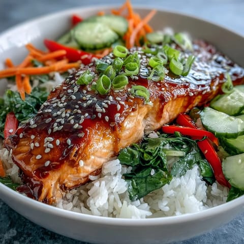 Flaky soy-ginger glazed salmon rests on fluffy rice in this vibrant Asian-Inspired Salmon Bowl, garnished with fresh lime and sesame seeds.
