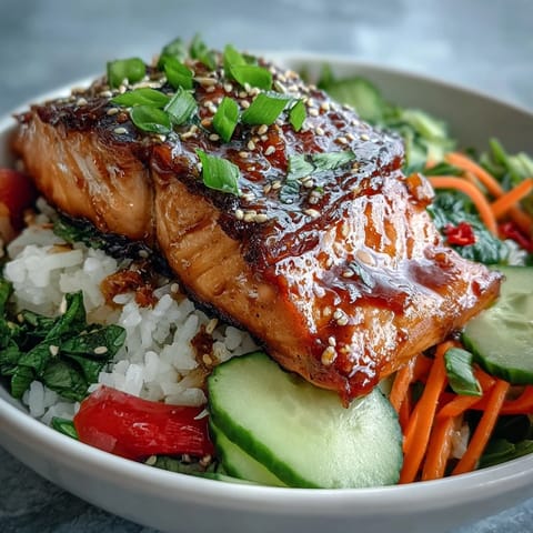 A healthy Asian-Inspired Salmon Bowl featuring crisp julienned carrots and cucumbers next to baked salmon, drizzled with a glossy sweet and savory glaze.