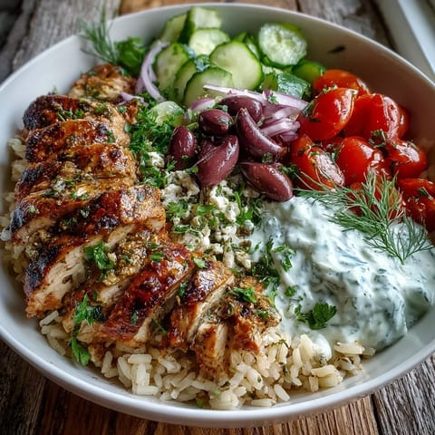 Juicy Greek-seasoned chicken slices sit atop fragrant herbed rice with a crisp tomato-cucumber salad, briny Kalamata olives, and creamy tzatziki sauce.