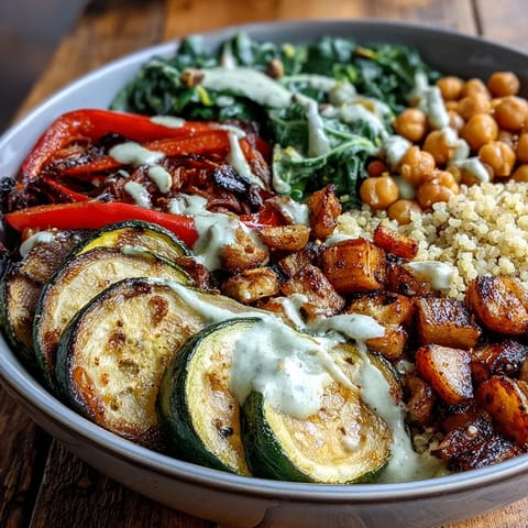 A vibrant Mediterranean Buddha Bowl Meal Prep with bulgur pilaf, roasted eggplant, steamed kale, sweet peppers, zucchini, chickpeas, and creamy tahini dressing for a nutritious lunch.