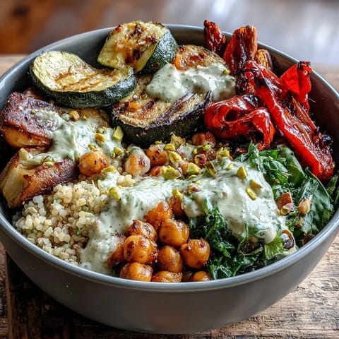 Close-up of Mediterranean Buddha Bowl Meal Prep featuring golden roasted eggplant cubes, tender steamed kale, and colorful bell peppers nestled on nutty bulgur pilaf with pistachios.