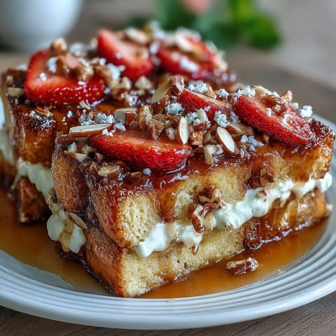Spring Brunch Strawberry French Toast Bake with golden brioche, fresh strawberries, and a creamy vanilla custard, topped with almonds and turbinado sugar.