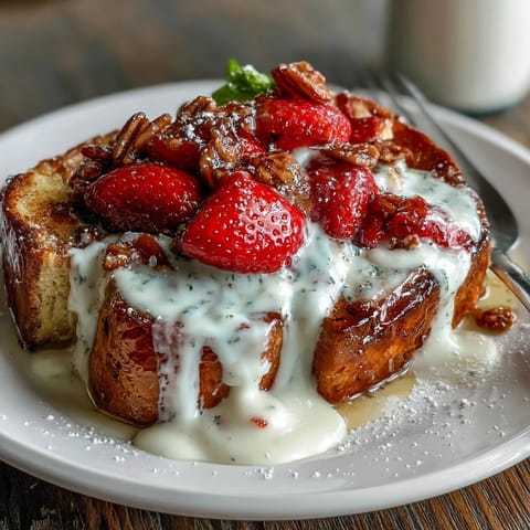 A warm, inviting casserole of brioche bread, juicy strawberries, and rich custard, baked until golden and perfect for spring brunch gatherings.
