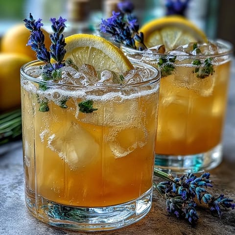 A tall glass of lavender lemonade spritz with ice, garnished with a lemon slice and lavender sprig, ready to refresh.