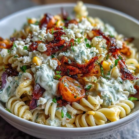 Creamy Elote Pasta Salad with Cotija, Chili and Lime, a zesty Mexican-inspired dish with charred corn and fresh cilantro.