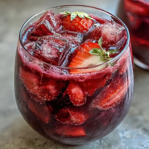 Refreshing homemade Starbucks Strawberry Açaí Refresher with vibrant red strawberries and deep purple açaí, served over ice with a hint of green coffee extract.