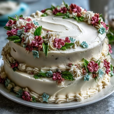 Layered vanilla cake with floral buttercream designs, celebrating Taurus and graduation with elegant pink and purple piping.