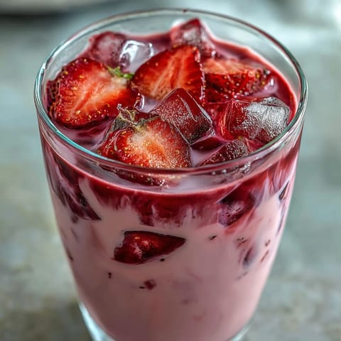 Vibrant strawberry açaí coconut beverage, a fruity and dairy-free pink drink perfect for summer sipping.