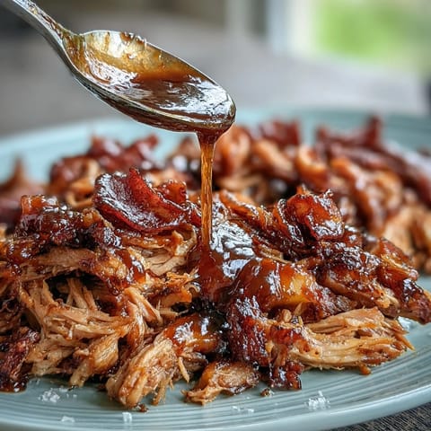 Slow cooker honey peach BBQ pulled pork, tender and juicy, served on soft buns with a side of coleslaw.