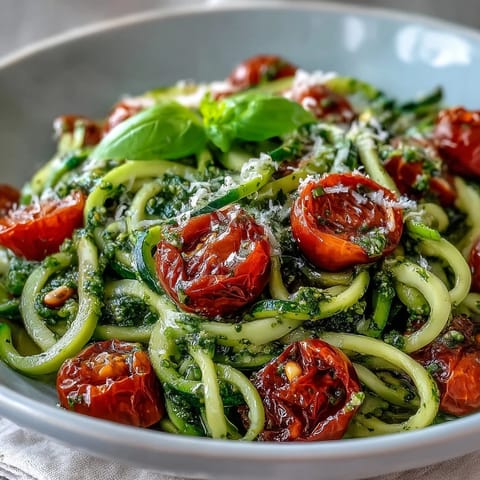 Vibrant zucchini noodles tossed with basil pesto and juicy cherry tomatoes, a fresh summer main dish perfect for a light dinner.  
