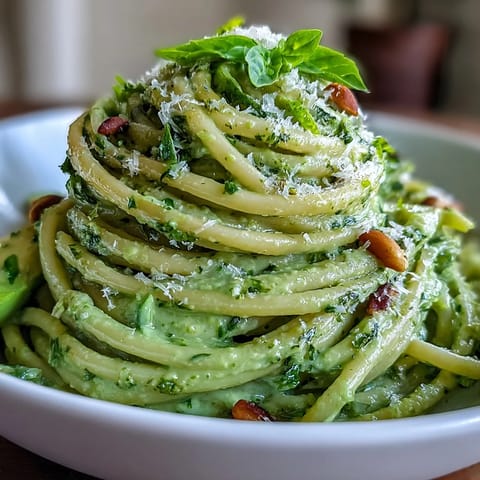 Summer's best: luscious no-cook avocado pesto pasta topped with Parmesan.