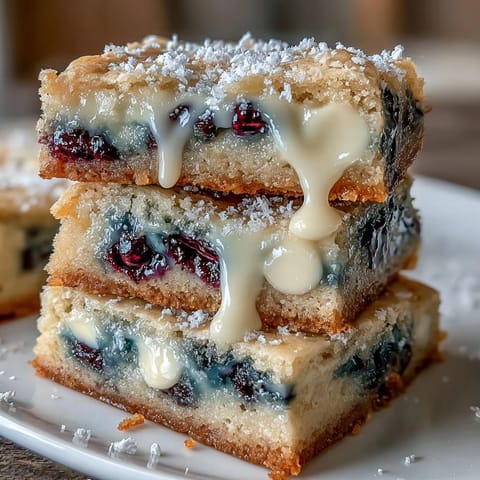 Close-up of White Chocolate Lemon Blueberry Blondies, gooey with bright berry bursts.