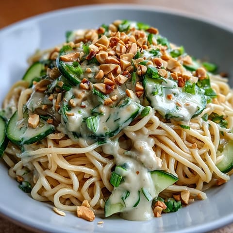Flavorful Asian-inspired noodle bowl topped with crunchy peanuts and fresh scallions.