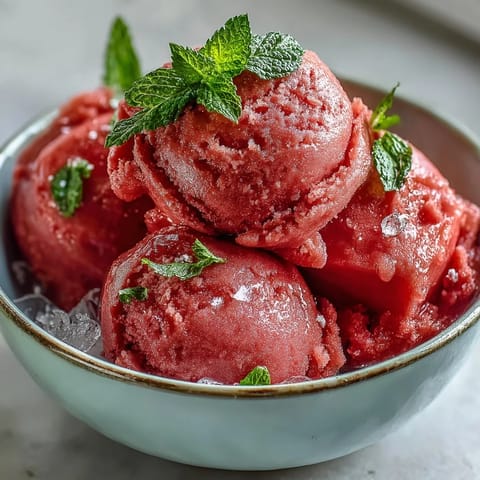 Easy Watermelon Sorbet (3 Ingredients) looking perfectly smooth and refreshingly cold for dessert.