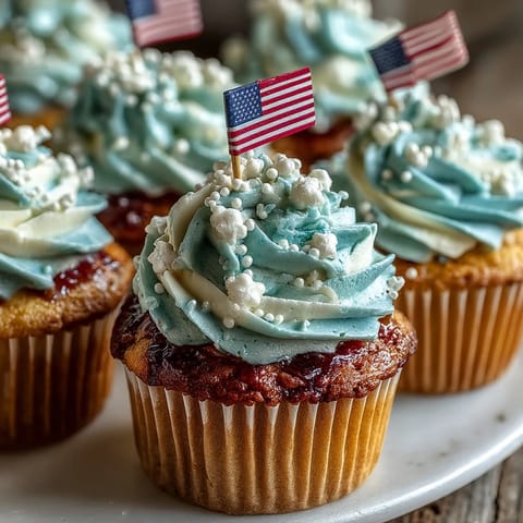 Festive Star-Spangled Banner Cupcakes topped with edible flags for patriotic parties.