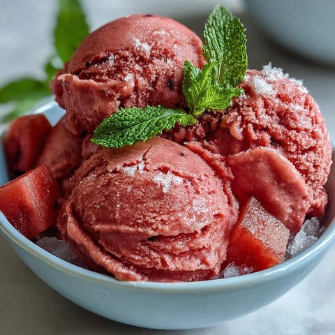 Vibrant Watermelon Sorbet (3 Ingredients) glistens, a frozen, fruity delight on a summer day.