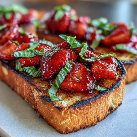 Glistening strawberry balsamic bruschetta sits on golden grilled sourdough, a perfect summer appetizer.