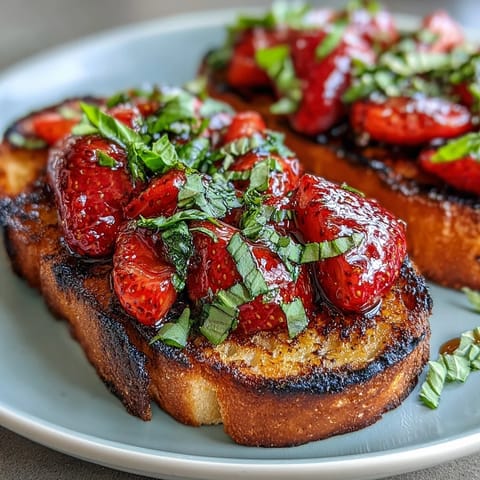 Crisp sourdough topped with jewel-toned strawberries and a tangy balsamic glaze for delicious bites.