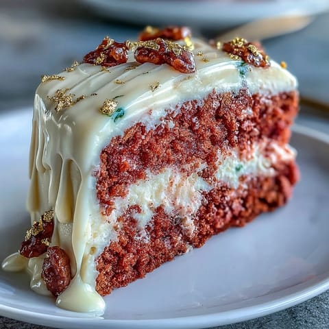 Moist Rosé Velvet Cake with decadent cream cheese frosting and a luxurious gold drip.