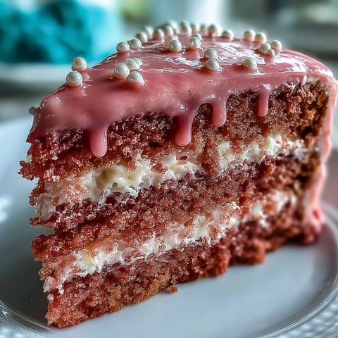 Elegant rosé velvet cake adorned with glistening gold drip for celebrations.