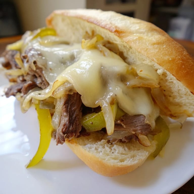 The classic Philly cheesesteak: a close-up of the delicious melty cheese and juicy steak sandwich.