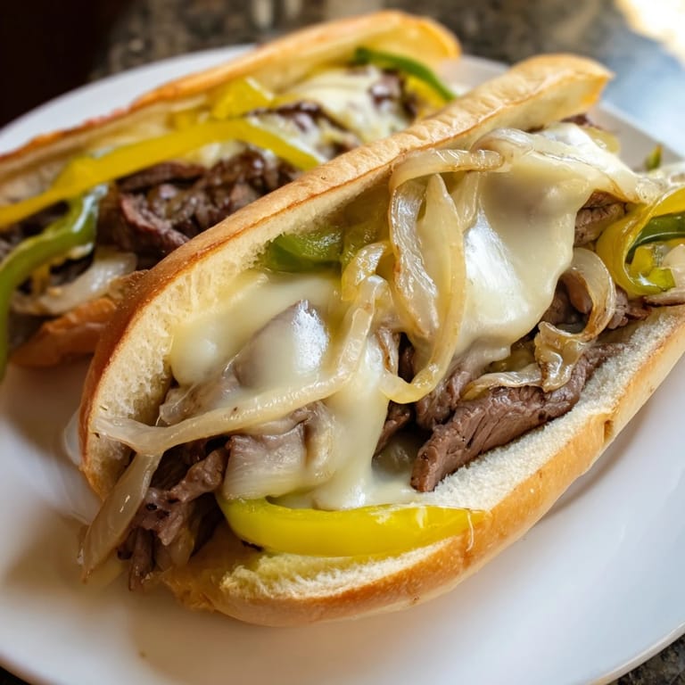 Juicy Philly cheesesteak sandwich overflowing with savory steak, peppers, and savory melted cheese.