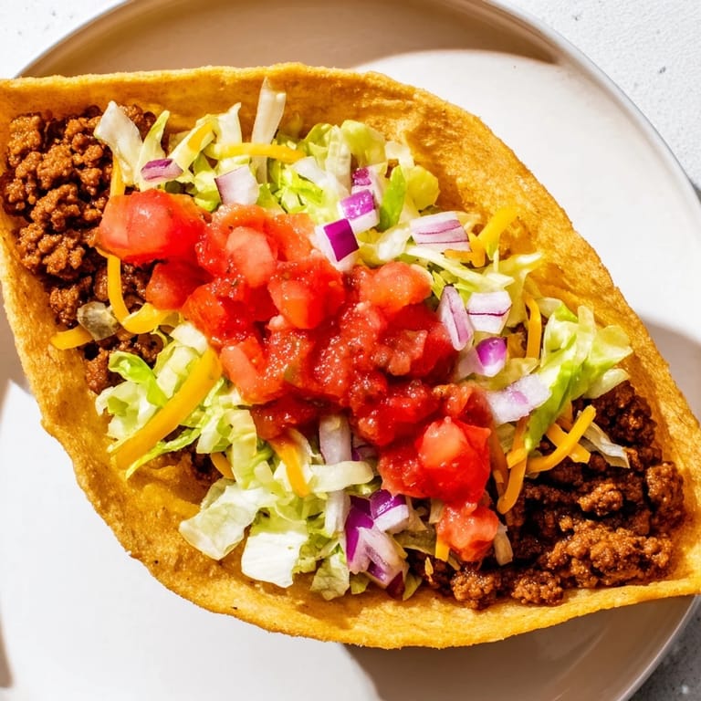 A close-up of delicious American-style tacos, featuring crispy shells and fresh, colorful toppings.