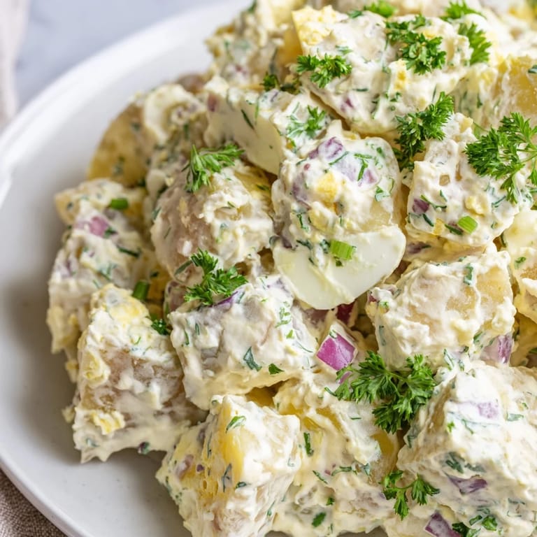 A bowl of fresh potato salad with diced celery, onions, and bright parsley, ready to enjoy.