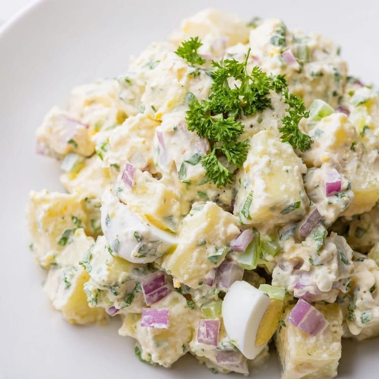 Homemade potato salad, a comforting vegetarian side dish featuring tender potatoes and tangy dressing.