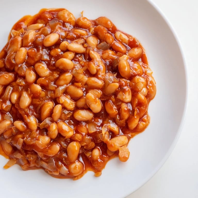 A close-up of hearty baked beans glistening with molasses, a classic side dish ready to serve.