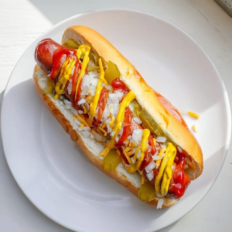 Freshly made hot dogs, a quintessential American meal with all your favorite toppings ready to eat.