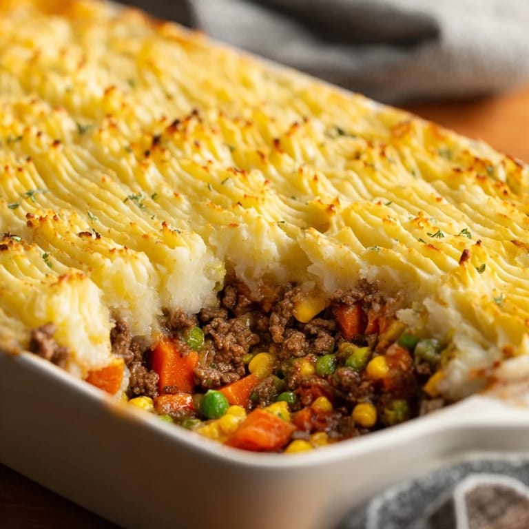 A savory image of Shepherds Pie, showcasing the tender meat filling beneath a fluffy potato layer.