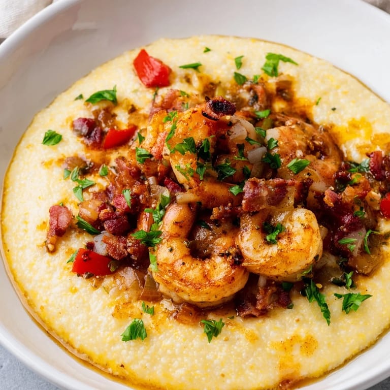 Golden shrimp with savory sauce over rich, cheesy grits: a comforting Shrimp and Grits meal.