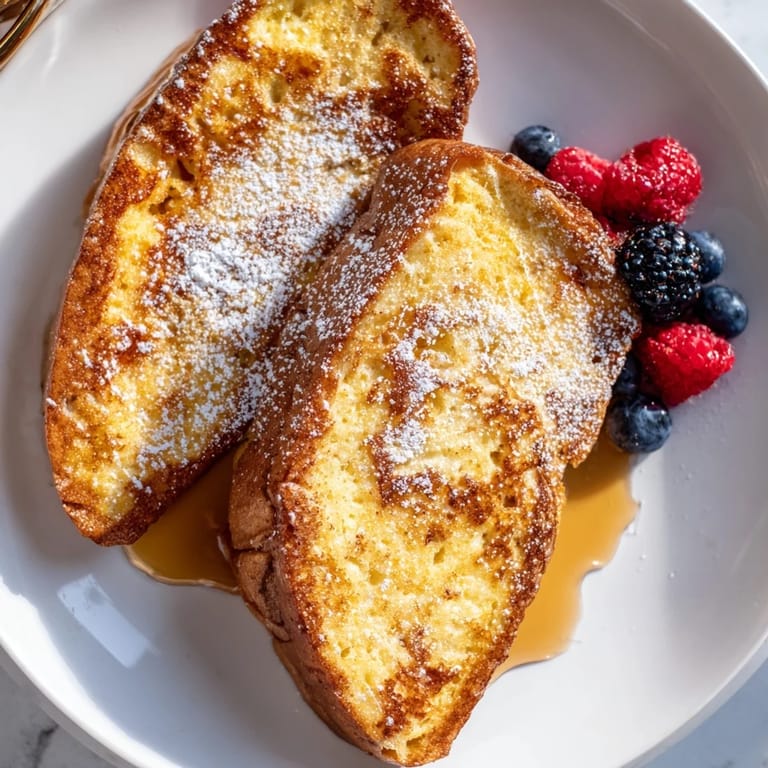 Crispy, custardy French toast slices piled high, ready to be topped with fresh berries and enjoyed.
