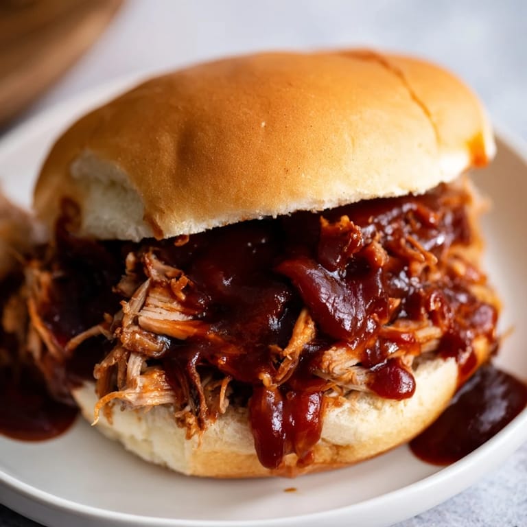 Generous serving of slow-cooked pulled pork, glistening with barbecue sauce, ready to eat on a soft roll.