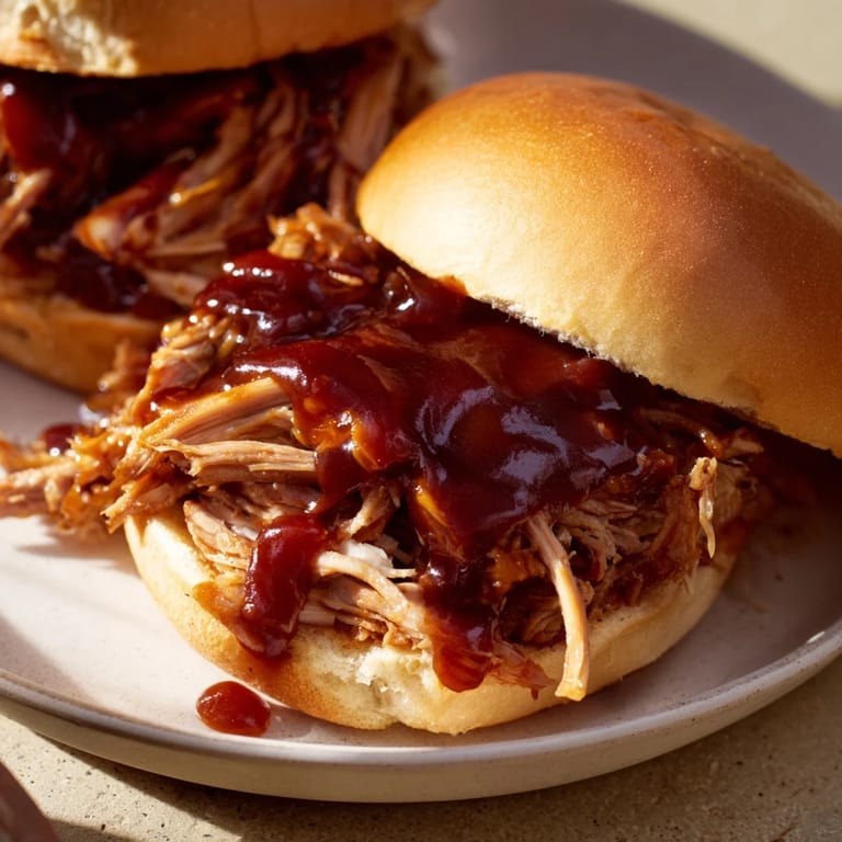 A delicious pulled pork sandwich, with visible shredded pork, savory aromas, and served with optional pickles.