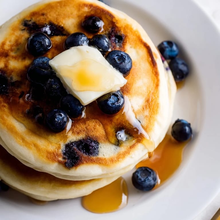 Delicious, homemade blueberry pancakes, featuring fresh blueberries and a pat of melting butter.