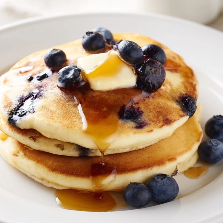 A stack of warm blueberry pancakes, the perfect American breakfast, ready to be devoured.