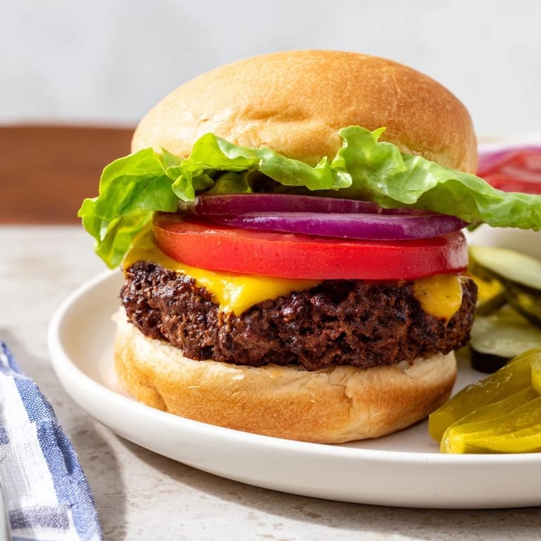 Freshly-made hamburgers, a classic American meal, loaded with toppings and ready to serve.