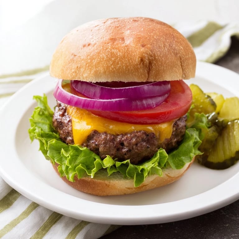 Delicious hamburgers on toasted buns, stacked high with fresh lettuce, pickles, and savory condiments.