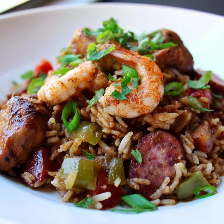 A close-up of a bubbling pot of Creole Jambalaya, a hearty and aromatic rice dish.