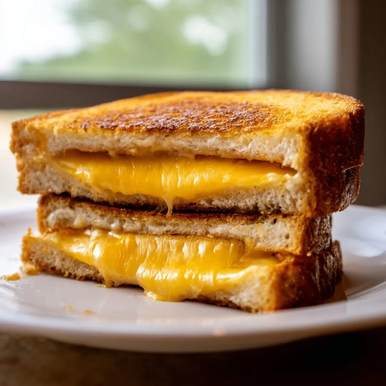 A close-up view of a classic grilled cheese sandwich, showcasing melted cheese between golden-brown bread.