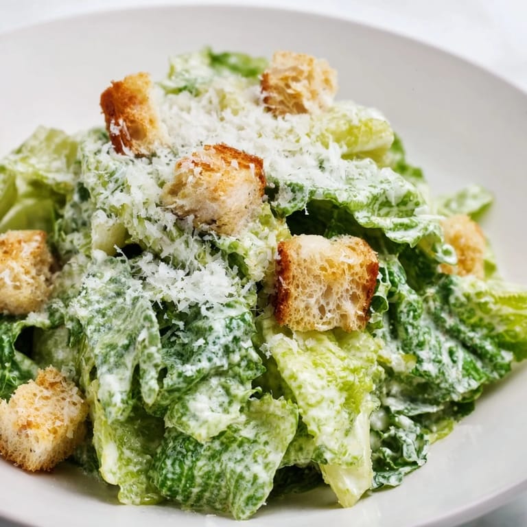 A close-up of a vibrant Caesar salad, ready to be tossed and enjoyed for a simple meal.