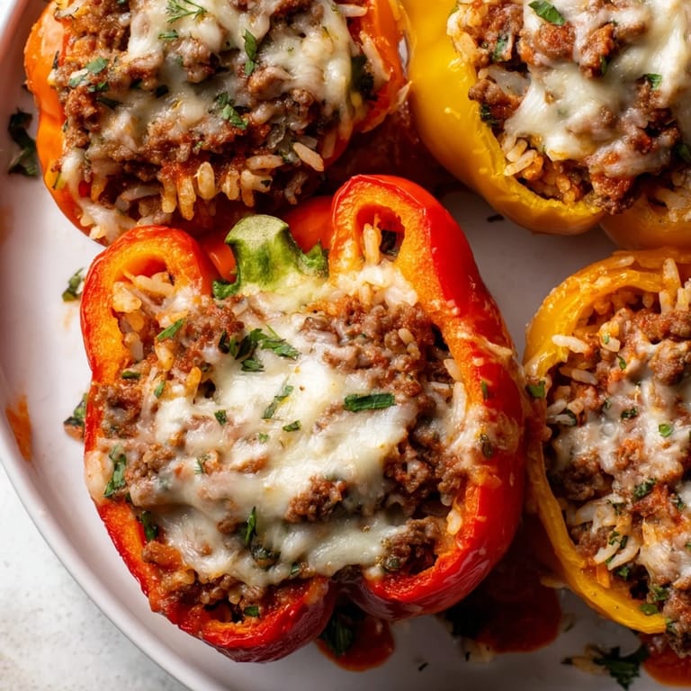 Golden-brown Stuffed Bell Peppers, a hearty Mediterranean main, filled with seasoned ground meat and rice.