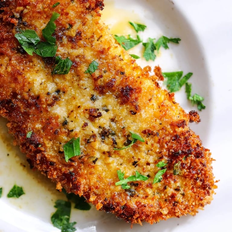 Freshly baked roasted garlic Parmesan chicken rests on a plate, garlic butter drizzle glistening and herbs scattered on top.