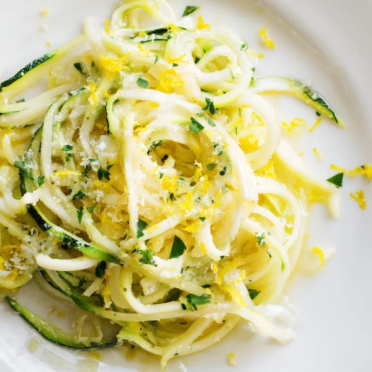 Bright Lemon Zucchini Pasta twirled on a fork, revealing tender zucchini noodles in a glossy, lemon-butter sauce.