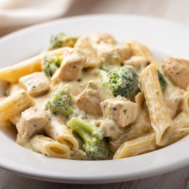 Tossed Chicken Broccoli Cheddar Pasta on a white plate, garnished with fresh parsley and a side salad for a complete dinner.